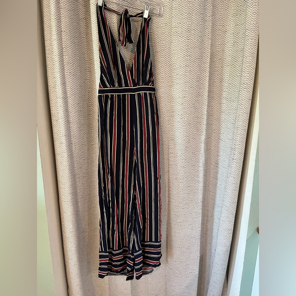 Bohemian striped rayon harem backless halter jumpsuit size small